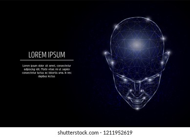 Human head low poly wireframe mesh made of points, lines and shapes. Vector  design. Human mind, intellectual capabilities poster banner template with copy space. Future ai bot.