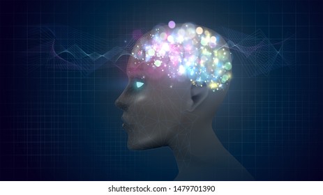 Human head with a luminous brain, consciousness, artificial intelligence