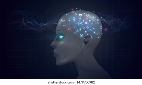 Human head with a luminous brain network, consciousness, artificial intelligence