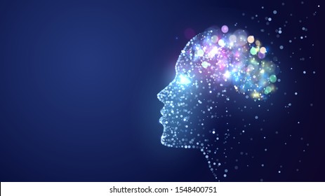 Human head with a luminous brain network, consciousness, artificial intelligence