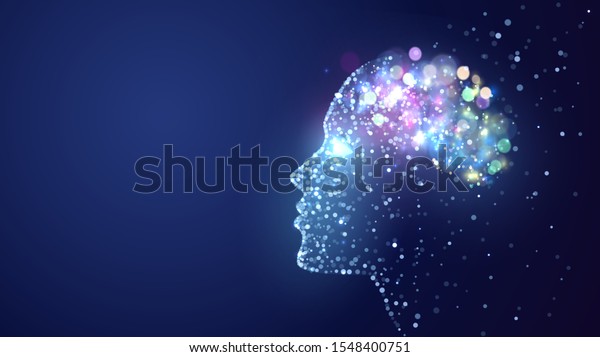 Human head with a luminous brain network,\
consciousness, artificial\
intelligence