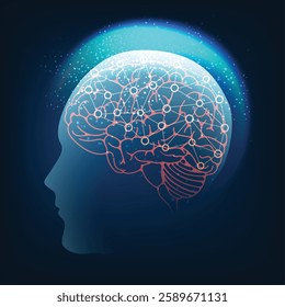 Human head with machine brain inside. Artificial intelligence integration concept isolated on black vector illustration