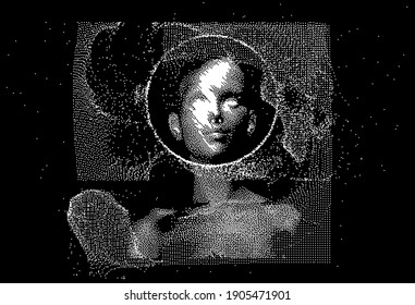 Human head made of the array of particles, pixelated and glitched portret of supreme artificial intelligence. Generative computer art.