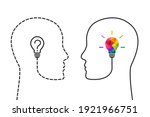 Human head made of dotted line and light bulb with question mark in comparison with continuous profile line and colorful lightbulb as creative thinking and idea concept
