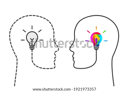 Human head made of dotted line and gray light bulb in comparison with continuous profile line and lightbulb made of paint with multiple colors as creativity, creative thinking and idea concept