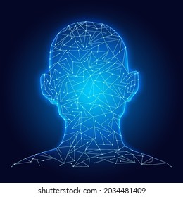 Human head made of futuristic blue polygonal lines and dots. Polygonal mosaic. Luminous image of a male head in full face isolated from the dark background. Vector illustration.