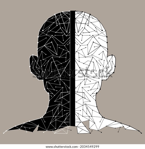 Human head made of futuristic polygonal\
lines and dots, divided into black and white halves. Full face\
black and white half image of male head isolated from background.\
Vector illustration.