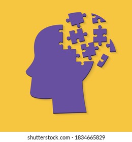 Human head made of jigsaw puzzles, mental health concept. Vector illustration