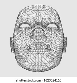 The human head is made in mesh style. Computer graphics technology. Graphic concept of a cyber digital system integrated into a person. Internet. a virtual reality. Vector illustration.