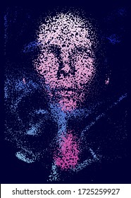 Cabeza humana hecha de prácticas sobre fondo oscuro. Cara hecha con algoritmo de arte informático generativo. Concepto de inteligencia artificial, sistemas de identificación y reconocimiento.