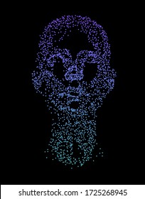 Menschlicher Kopf aus Teilchen auf dunklem Hintergrund. Gesichtsausdruck mit generativen Computer Art Algorithmus. Konzept der Systeme der künstlichen Intelligenz, Identifizierung und Erkennung.