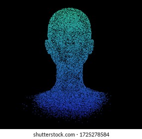Human head made of partices on dark background. Face made with generative computer art algorithm. Concept of artificial intelligence, Machine learning and neural networks.