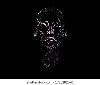 Human head made of partices on dark background. Face made with generative computer art algorithm. Concept of artificial intelligence, Machine learning and neural networks.