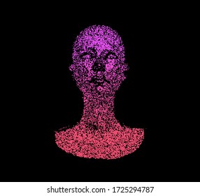 Human head made of partices on dark background. Face made with generative computer art algorithm. Concept of artificial intelligence, Machine learning and neural networks.