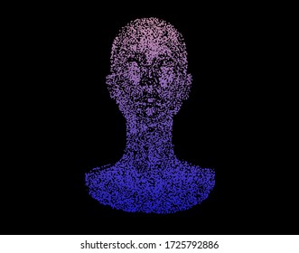 Human head made of partices on dark background. Face made with generative computer art algorithm. Concept of artificial intelligence, Machine learning and neural networks.
