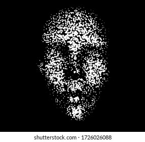 Human head made of partices on dark background. Face made with generative computer art algorithm. Concept of artificial intelligence, Machine learning and neural networks.