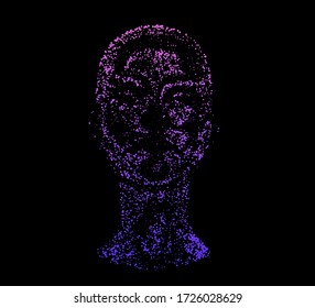 Human head made of partices on dark background. Face made with generative computer art algorithm. Concept of artificial intelligence, Machine learning and neural networks.