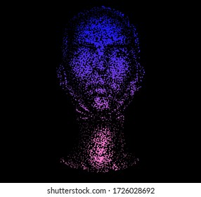 Human head made of partices on dark background. Face made with generative computer art algorithm. Concept of artificial intelligence, Machine learning and neural networks.