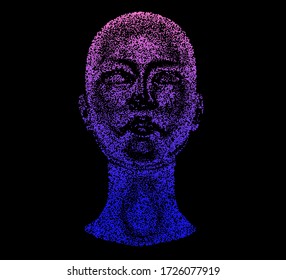 Human head made of partices on dark background. Face made with generative computer art algorithm. Concept of artificial intelligence, Machine learning and neural networks.