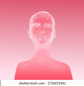 Human head made of particles, generative computer art. Concept of artificial intelligence, Machine learning and neural networks.