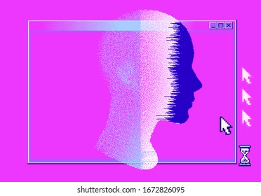 Human head made of particles with glitch art effect. Concept illustration of Mental health awareness or Artificial Mind.