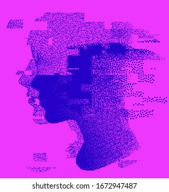 Human head made of particles with glitch art effect. Concept illustration of Mental health awareness or Artificial Mind.