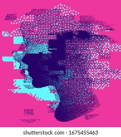 Human head made of particles with glitch art effect. Futuristic cyberpunk style vector illustration, concept of malware and computer viruses.
