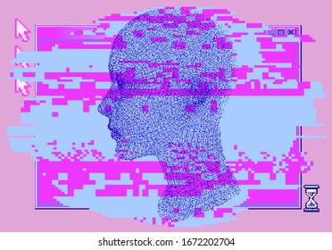Human head made of particles on glitched and pixelated background. Concept illustration of Artificial intelligence, Machine learning and Cybernetics.