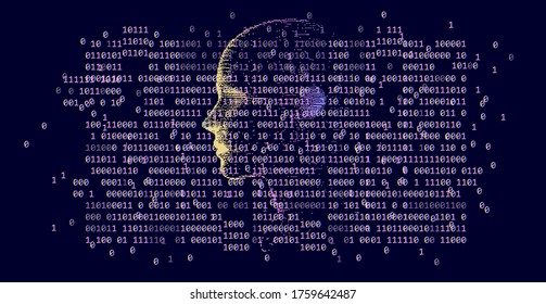 Cabeza humana hecha de partículas en el fondo del código binario. Ilustración de estilo Cyberpunk.