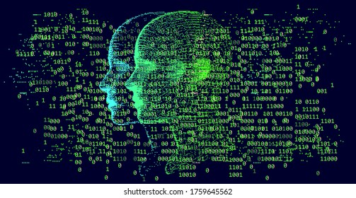 Human head made of particles on binary code background. Cyberpunk style illustration.