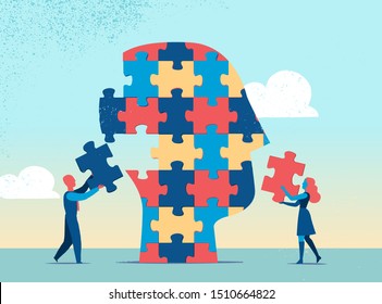 Human head made of puzzle pieces. Team of people assemble jigsaw puzzle. Vector illustration