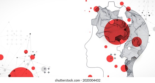 The human head is made in the style of a frame with gears. Topography in the contour.  Vector art.