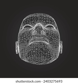 The human head is made in the style of a frame grid polygon. line and stroke mesh in object. 3d digital face.Technology Computer Graphics. Vector illustration.
