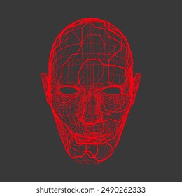 The human head is made in the style of a frame grid polygon. line and stroke mesh in object. 3d digital face.Technology Computer Graphics. Vector illustration.