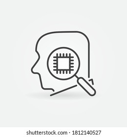 Menschlicher Head mit Magnifier- und Computerchip-Umriss-Vektorsymbol oder Design-Element