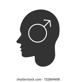 Human head with male symbol inside glyph icon. Thoughts about men. Silhouette symbol. Spear and shield of Mars. Male logic. Negative space. Vector isolated illustration