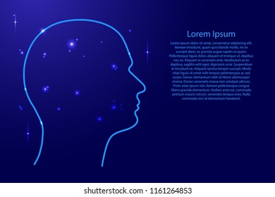 Human head of a man from the contours network blue, luminous space stars for banner, poster, greeting card. Vector illustration.