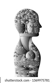 Human head man inside planting tree invert color vector abstract art illustration design hand drawn