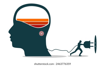 Human head and man putting power plug into socket. Concept of productivity, effectiveness, source of energy for brain charging.