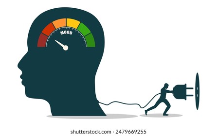 Human head and man putting power plug into socket for mood change. Concept of productivity, effectiveness, source of energy for brain charging.