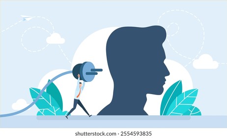 Human head and man putting power plug into socket. Concept of productivity boost, source of energy for brain charging. Human head with the brain, plug, socket. Vector illustration