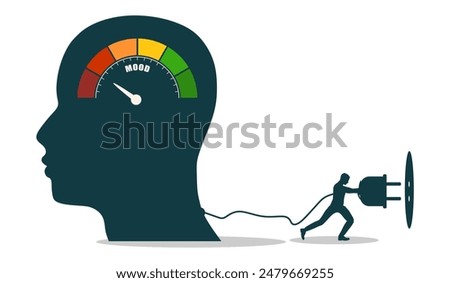 Human head and man putting power plug into socket for mood change. Concept of productivity, effectiveness, source of energy for brain charging.