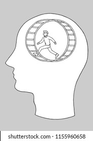 Human Head Man Running In Hamster Wheel Vector Hand Drawing Illustration Design