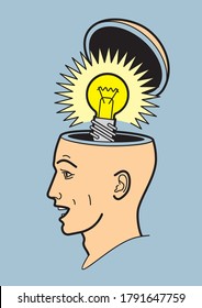 Human head. A man's brain is open. Abstract form of an open human head. Profile man. Idea. A light bulb in my head. Human brain. Psychology of thinking.
