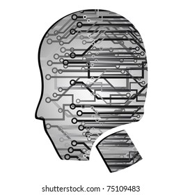 Human head with many technological connections