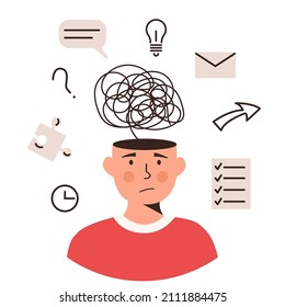 Human Head With Many Thoughts, Task And Ideas. Child Or Adult With ADHD Syndrome. Attention Deficit Hyperactivity Disorder. Mental Health, Psychology Concept. Vector Flat Style Illustration.