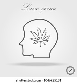 Human head with marijuana leaf glyph icon. Drug addiction. Silhouette symbol. Bad habit. Negative space. Vector isolated illustration
