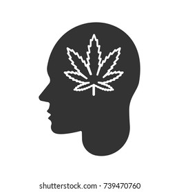 Human head with marijuana leaf glyph icon. Drug addiction. Silhouette symbol. Bad habit. Negative space. Vector isolated illustration