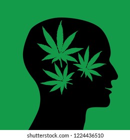 Human head with marijuana leaf  icon. Drug addiction. Silhouette symbol. Bad habit. Negative space. Vector illustration