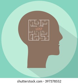 Human head with maze inside brains vector flat illustration with long shadow. 
Lost in mind labyrinth concept illustration, icon